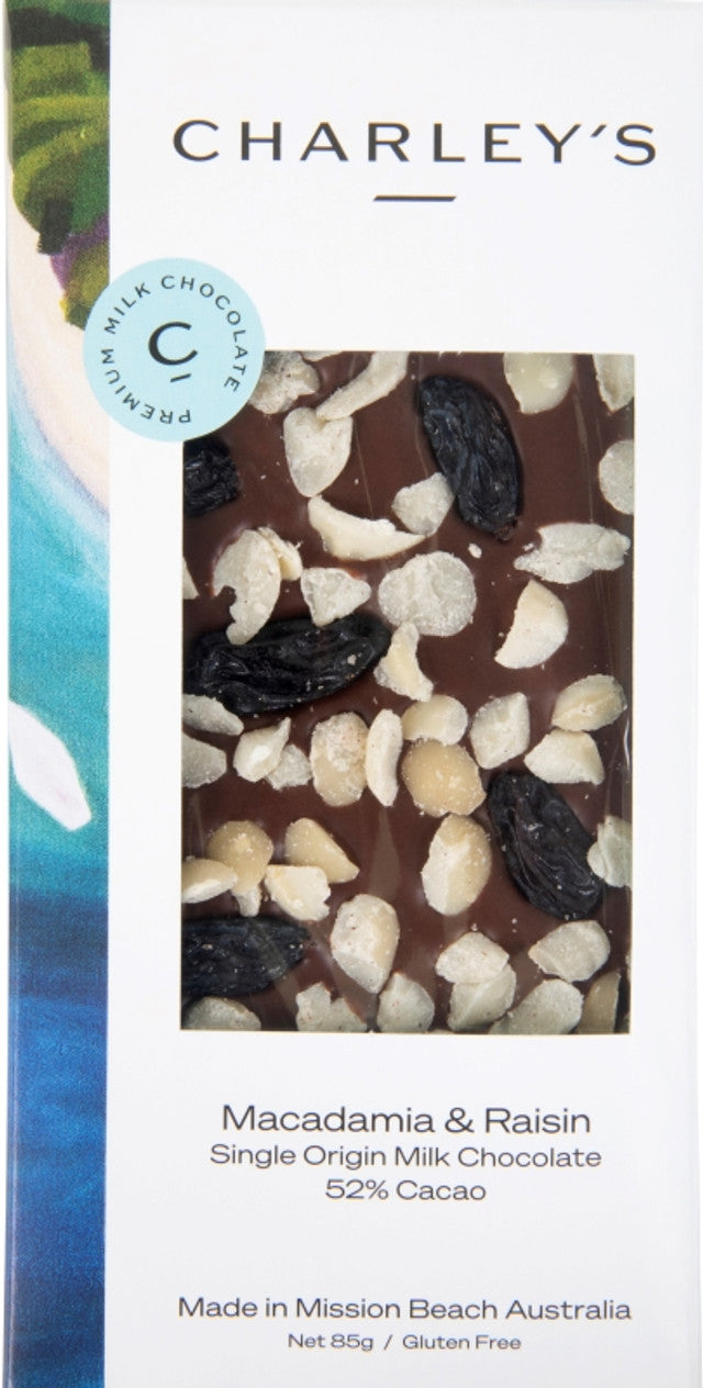 Charley's Chocolate Factory Macadamia and Raisin Milk Chocolate